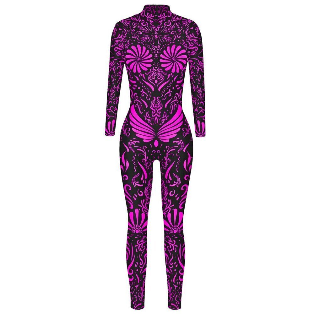 FEOYA Large Hi-Neck Skeleton Print Bodycon Jumpsuits Fullbody Unitard Rose Pink